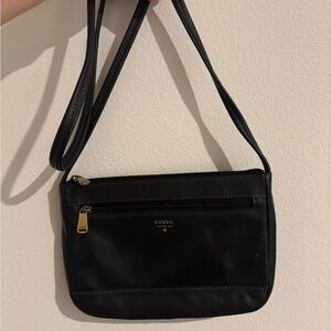 Fossil Black Leather Shoulder Bag with Gold Hardware